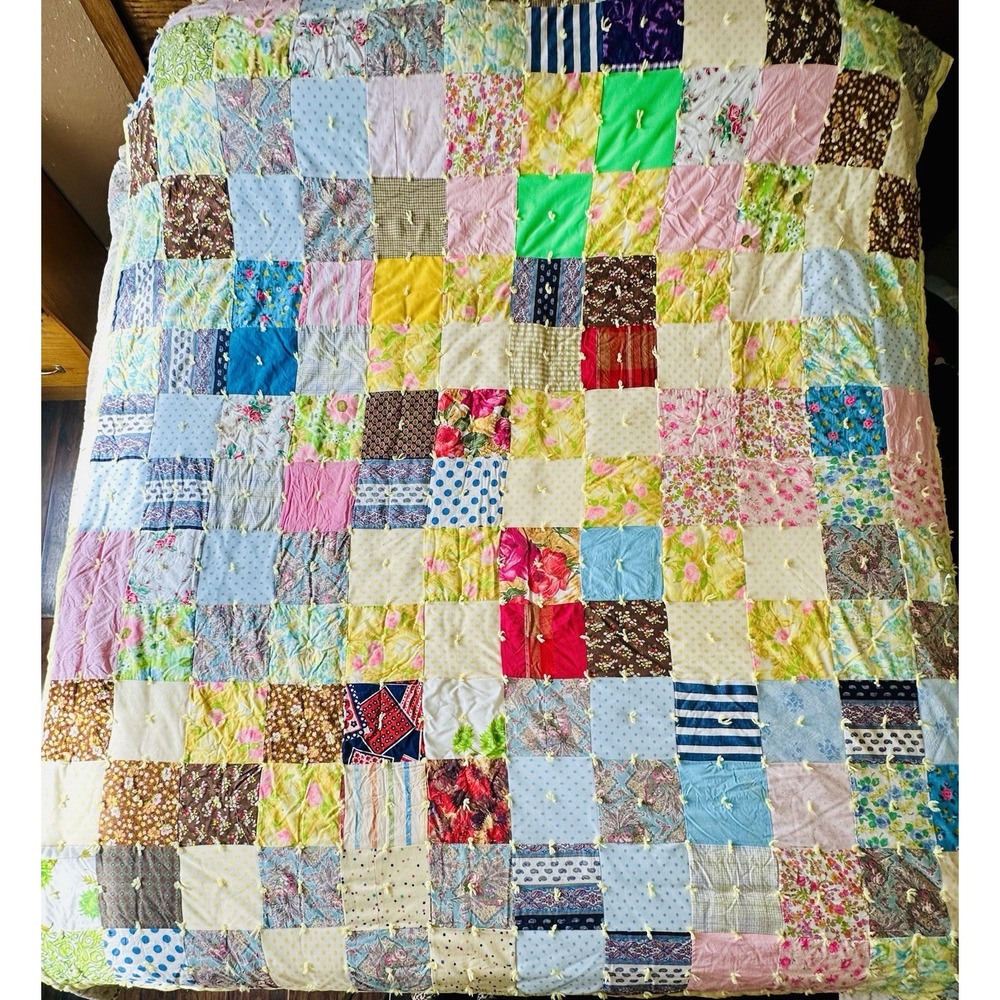 Vintage Patchwork Squares Handmade Bed Quilt 74" X 87" Yellow